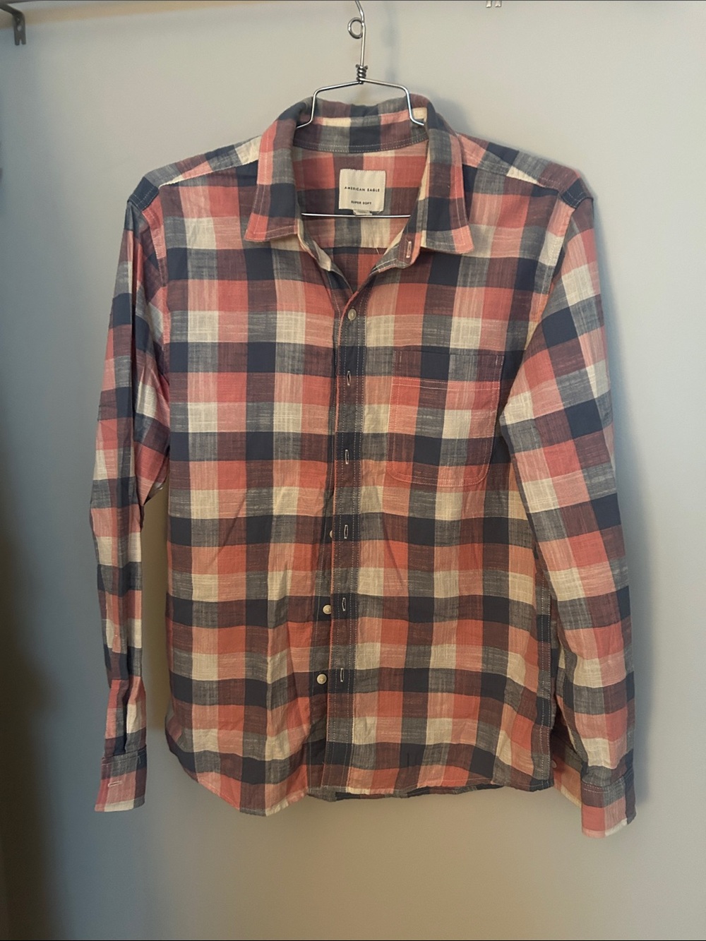 American Eagle Outfitters Pink and Blue Plaid 100% Cotton Button-Down Shirt